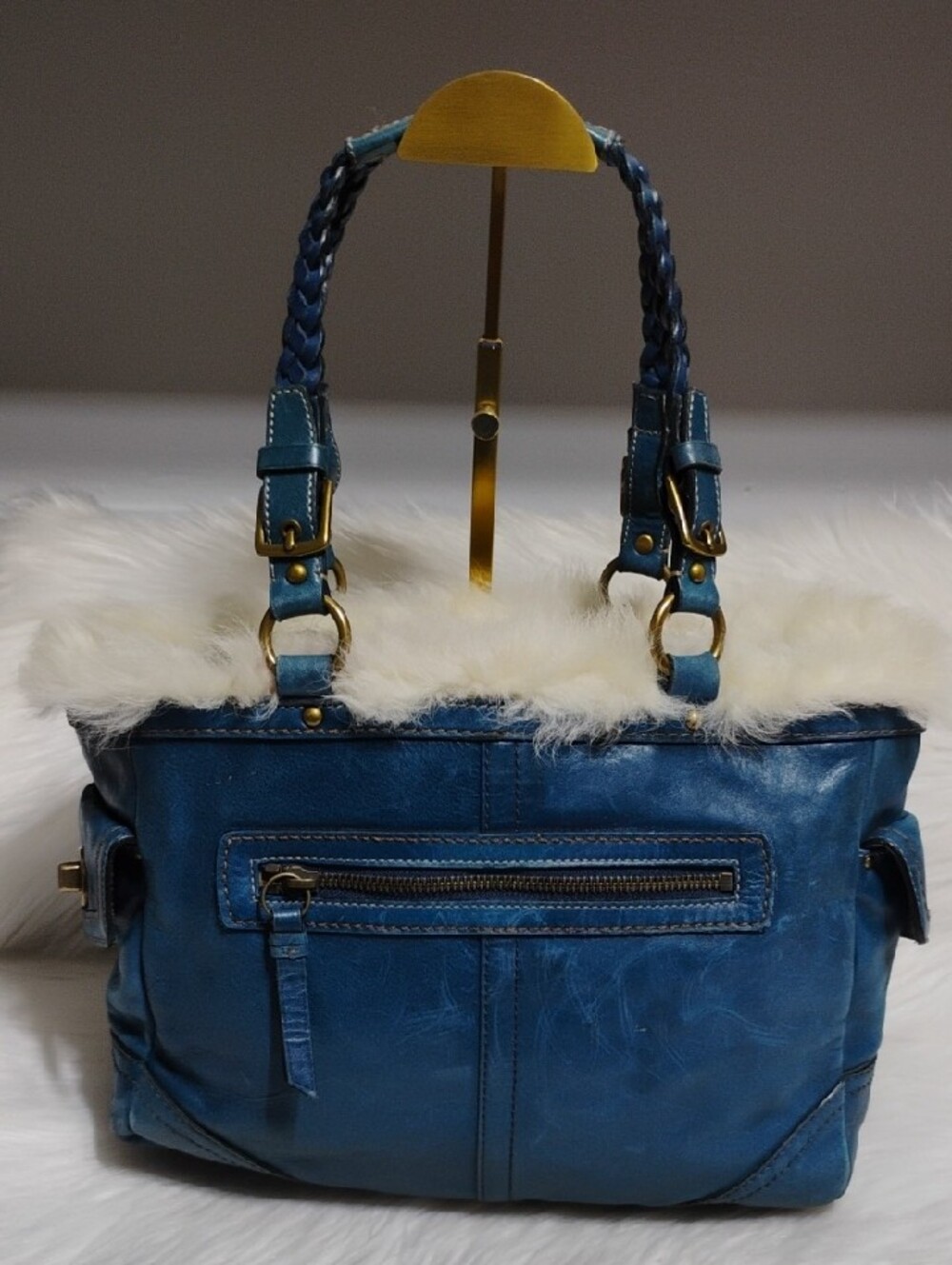 SALE! RARE!!Coach Limited Edition Shearling Blue Leather Gallery Tote - Picture 3 of 16